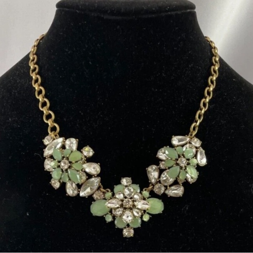 J. Crew VTG Mint Green Floral Crystal Rhinestone Statement Necklace